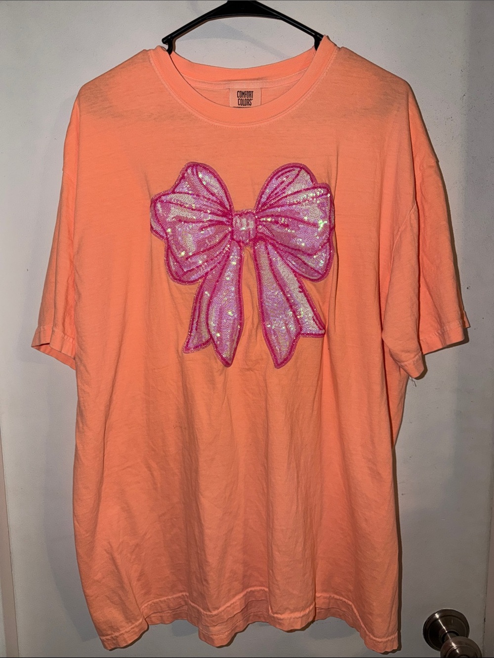 Comfort Colors Peach Tee with Sparkle Pink Bow Applique